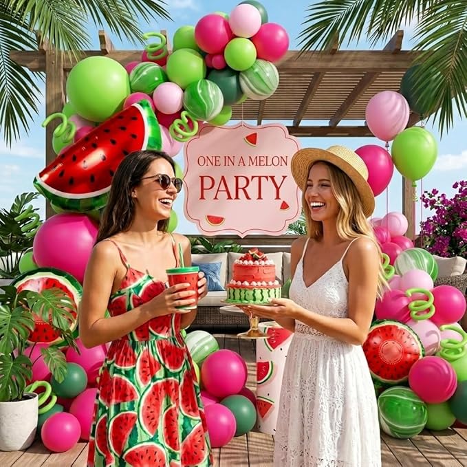 Fruit Balloon Garland Arch Kit - 157Pcs Watermelon Balloons Hot Pastel Pink Lime Green Balloon Arch Kit for Summer One in a Melon Theme Birthday Baby Shower Party Decorations