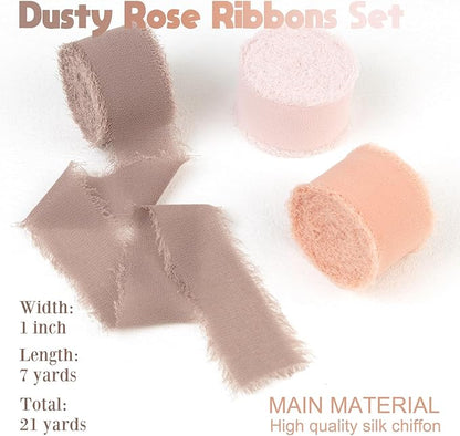 Dusty Rose Chiffon Ribbon 1 Inch x 21Yds Handmade Fringe Chiffon Silk Ribbon Brown/Peach/Pink Frayed Chiffon Ribbon for Gift Wrapping Wedding Invitation Bridal Flower Bouquets