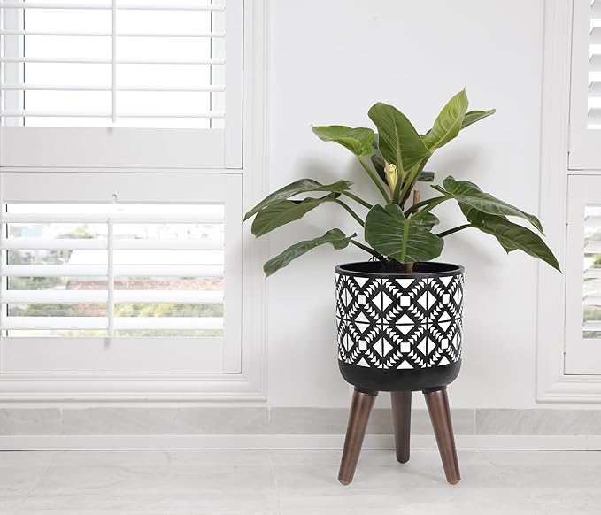 D'vine Dev 8 Inch Planter Pot with Stand, Mid-Century Tall Plant Pot with Legs for Indoor Plants, Small, White/Black, 88-G-A-4