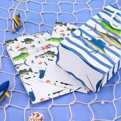WERNNSAI 16PCS Gone Fishing Party Goodie Bags - Fishing Candy Gift Bags with Handle for Boys Litter Fisherman Birthday Supplies Favor Paper Treat Bag for Birthday Holiday Party Decotation