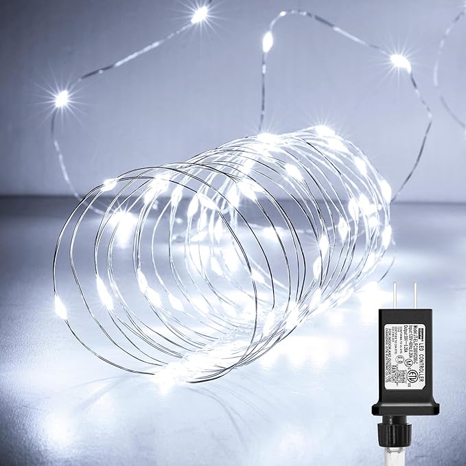 Fairy Lights Plug in, 66Feet 200LEDs Pure White String Lights, Waterproof Flexible Silver Wire Starry Lights for Bedroom Dorm Wedding Garland Wreath Wall Mason Jar Indoor Outdoor Christmas Tree