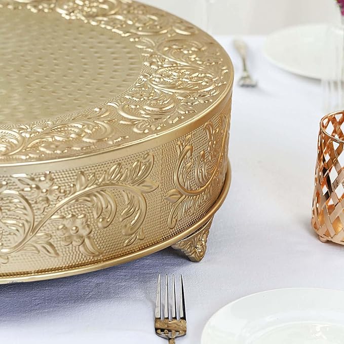Efavormart 18" Gold Round Embossed Metal Cake Plateau Stand, Wedding Dessert Table Display Riser