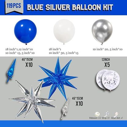 119PCS Royal Blue white Silver balloon Garland Arch Kit with star balloons for Boy Man Birthday Party 2025 graduation Decorations Prom Supplies
