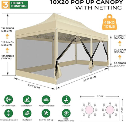COBIZI 10x20 Heavy Duty Pop Up Canopy with 6 Sidewalls, Easy Set Up Outdoor Waterproof Screen Commercial Party Tent with Mosquito Netting for Parties Backyard Patio, Roller Bag, Khaki