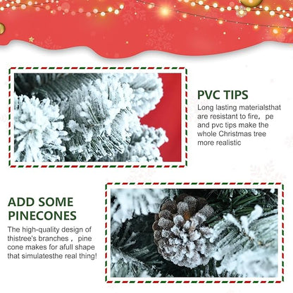 9FT Prelit Flocked Christmas Tree with 850 Lights & 2240 Branch Tips, Pre Lit Hinged Xmas Tree with Memory Wire Technology, Premium Artificial Christmas Tree with Pine Cone for Holiday Decoration