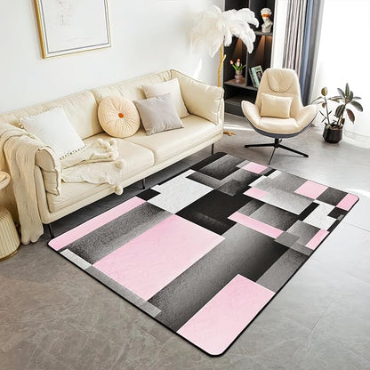 Abstract Pink Black Color Block Area Rug, Non Slip Living Room Rugs, Breathable Durable Carpet for Indoor Bedroom Conference Room Office Decor Rug - 6 ft x 9 ft