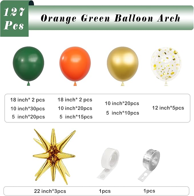 Orange Green Balloons Arch Garland Kit-Metallic Gold Balloon Dark Green Balloon Gold Star Foil 127Pcs for Bridal Shower,Christmas,Birthday,Wedding,Thanksgiving Party Decorations.