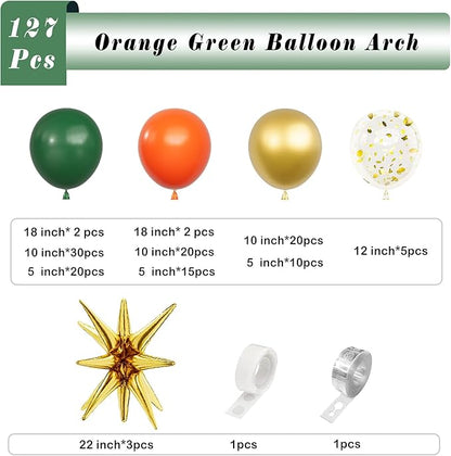 Orange Green Balloons Arch Garland Kit-Metallic Gold Balloon Dark Green Balloon Gold Star Foil 127Pcs for Bridal Shower,Christmas,Birthday,Wedding,Thanksgiving Party Decorations.