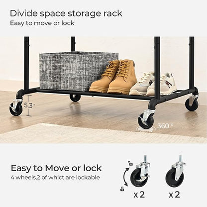 FOUCSSOMEI Heavy Duty Clothes Rack, Rolling Clothing Rack, Garment Rack with Wheels, Double Rod, Max 400Lbs, Black