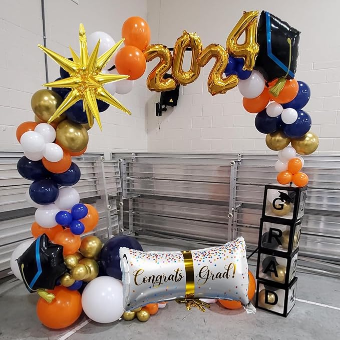 Blue and Orange Graduation Balloons Arch Garland Kit, 115 Pcs Navy Dark Blue Gold Orange Congrats Grad Balloons Class of 2025, Prom Graduation Party Decoration with Star Certificate Cap Foil Balloon
