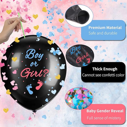 JOYYPDP Gender Reveal Balloons - 2 Pack 36 Inch Black Boy or Girl Balloon with Pink and Blue Heart-Shaped Confetti for Gender Reveal Party Decorations