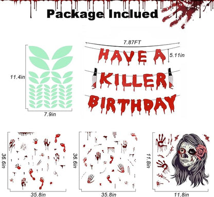 Spooky Party Decorations Set Banner + Night Glow Eye Stickers + Blood Footprint Handprint Floor Clings Decals + Ghost Shadow Toilet Sticker for Halloween Zombie Vampire Party
