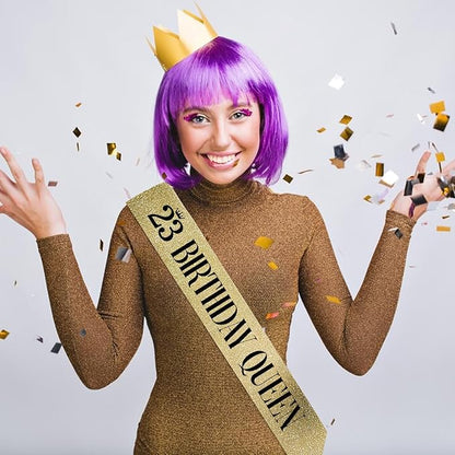 23 Birthday Queen 23rd Birthday Sash for Women, Gold Glitter Sash with Black Foil