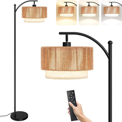 SUNMORY Floor Lamps for Living Room with 12W Remote and Dimmable Bulb, LED Arc Lamp, Farmhouse Floor Lamps with Adjustable Rattan & Fabric Shades, Boho Standing Lamp for Bedroom, Corner, Home Decor