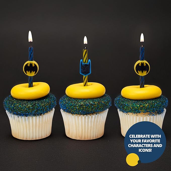 Batman™ Birthday Cake Candles | 6 Birthday Candles for Cake Decorations, Black, Yellow, & Red Striped Candles, Cake Toppers for Batman Party