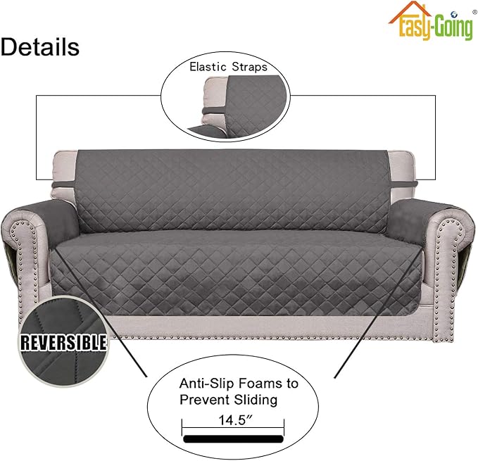 Easy-Going Reversible Loveseat Couch Cover for 2 Cushion Couch Sofa Cover for Dogs Water Resistant Furniture Protector with Foam Sticks Elastic Straps for Pet (Loveseat, Gray/Gray)