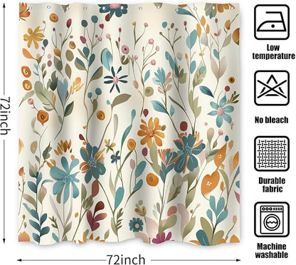 Colorful Floral Shower Curtain, Boho Wildflower Cute Flower Herbs Waterproof Fabric Machine Washable for Bathroom Bathtub Decor with Hooks 72x72
