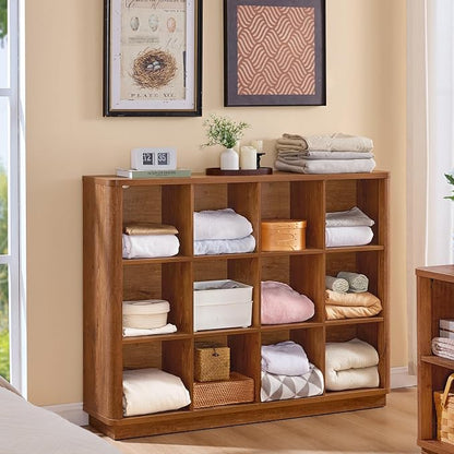 Joaxswe 12 Cube Storage Organizer, Wood Floor Standing 3-Tier Cubby Bookcase