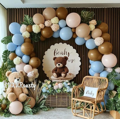 Blue Brown Nude Balloon Garland Double Stuffed Dusty Blue Coffee Pastel Balloon Kit for Teddy Bear Baby Shower Boy Birthday Gender Reveal Boho Theme Party Decorations