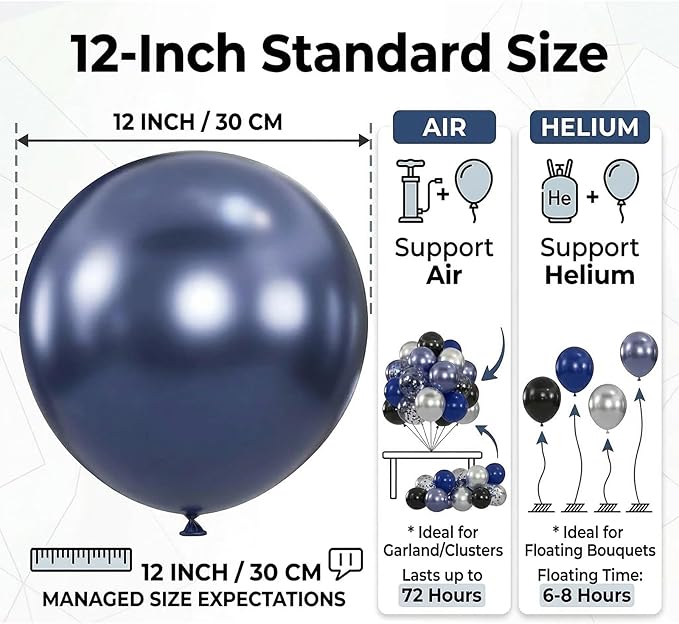 60pcs Blue and Black Balloon, 12" Navy Metallic Blue & Silver Confetti Balloons for 2026 Graduation, Father’s Day, Birthday Party Supplies (66ft Ribbons)