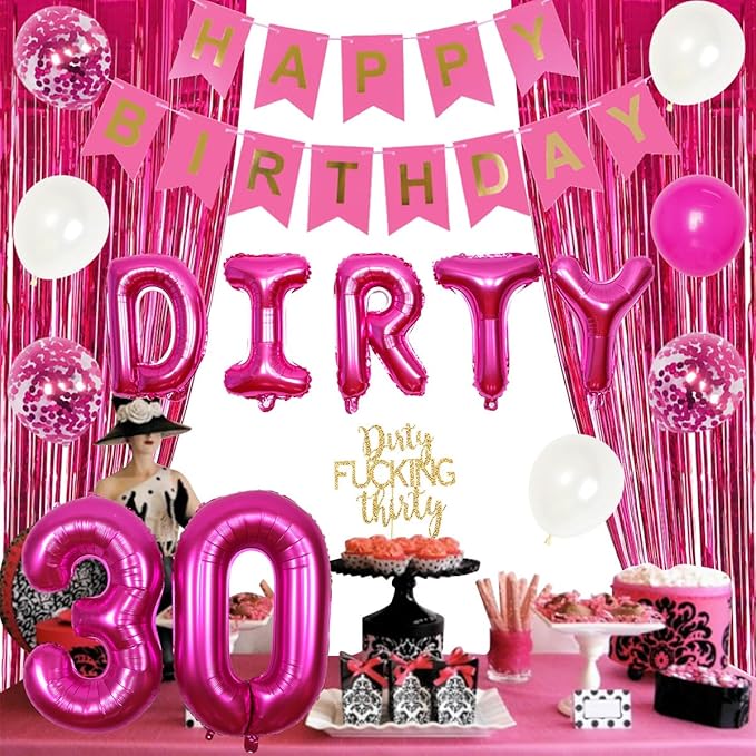 30th Birthday Party Decorations for Her Hot Pink Dirty Thirty Banner Balloon Dirty 30 Sash Cake Topper for 30 Years Old Birthday Party Supplies