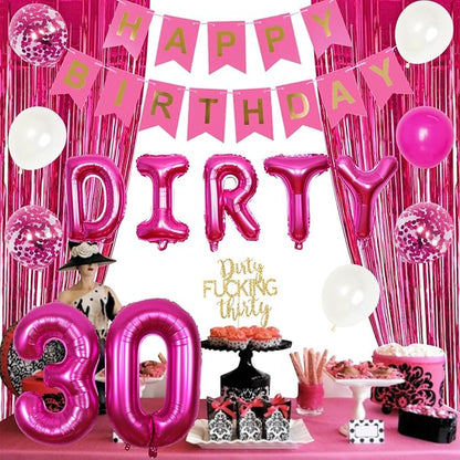 30th Birthday Party Decorations for Her Hot Pink Dirty Thirty Banner Balloon Dirty 30 Sash Cake Topper for 30 Years Old Birthday Party Supplies