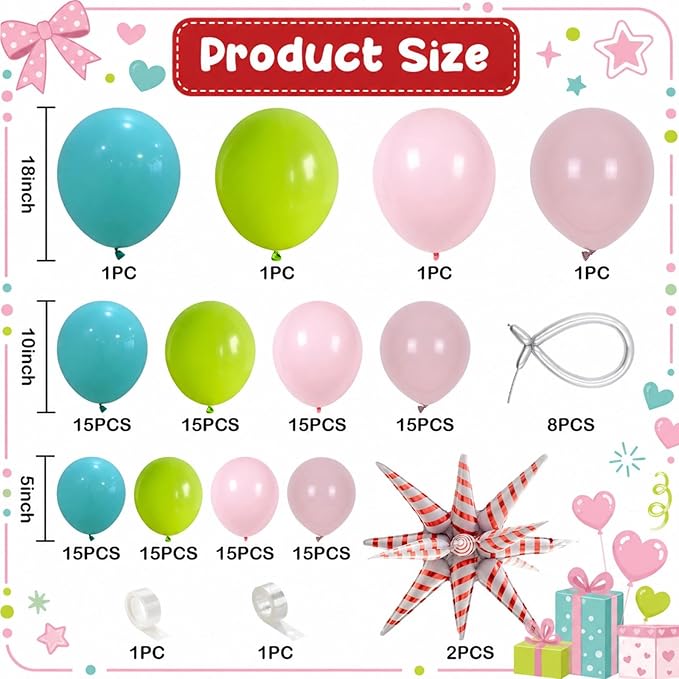 136PCS Christmas Balloon Garland Arch Kit, Pink Green Blue Balloons with Explosion Star Mylar Foil Balloons Set for Women Girl Xmas Birthday Wedding Baby Shower Candy Christmas Party Decorations