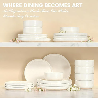 Plates and Bowls Sets, Scratch Resistant Dinnerware Sets for 8, 24 Pieces Porcelain Ceramic Dishware Dishes Set, Modern Stoneware Kitchen Dinner Set, Microwave and Dishwasher Safe, Cream White