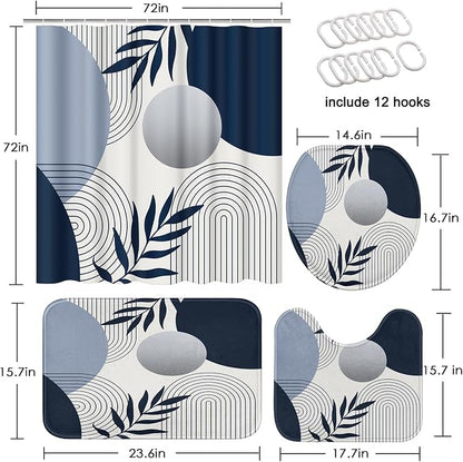 Boho Navy Blue and Grey Shower Curtain Set with Toilet Lid Cover and Non-Slip Rugs, Modern Minimalist Geometric Mid Century Abstract Leaf 4 Pcs Shower Curtain for Bathroom Set with 12 Hooks