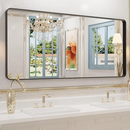 WEER Black Metal Framed Mirror, 60X28 Inch Rectangular Matte Black Wall Mirror for Bathroom, Rounded Corner Black Bathroom Vanity Mirror, Tempered Glass, Anti-Rust, Hangs Horizontal or Vertical