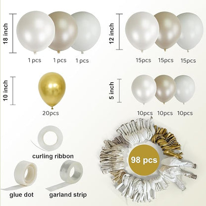 Pearl White Double Stuffed Balloon Arch Kit - Ivory, Cream & Champagne Gold Latex Balloons for Wedding, Bridal Shower, Birthday, Gender Reveal, Boho Party Garland Decor (98 Pcs)