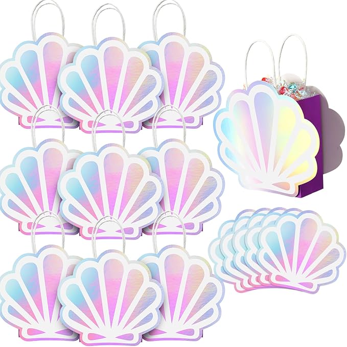 Locmeo 12 Pack Holographic Sea Shell Gift Bags Mermaid Party Favor Bags with Iridescent Shell Paper Cards for Mermaid Themed Supplies Ocean Under The Sea Party Favors