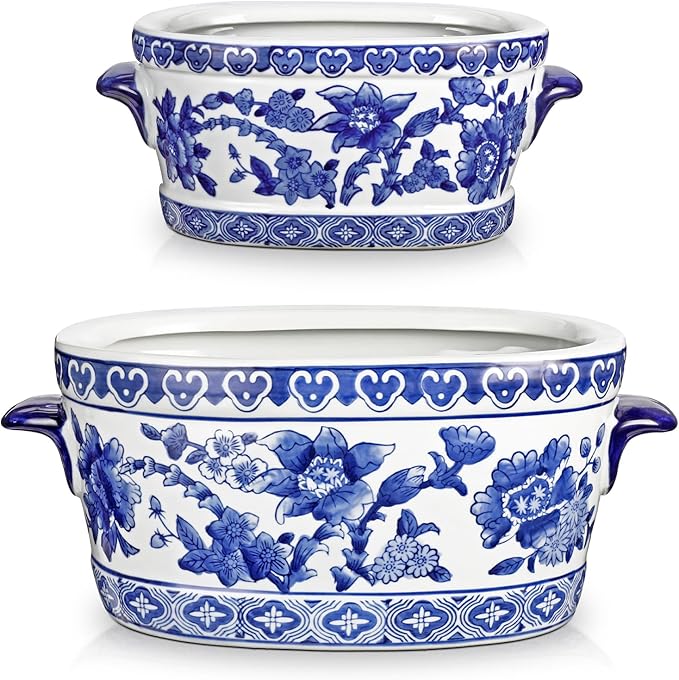 Blue and White Ceramic Planter Pot – Vintage Floral Oval Cachepot Vase for Indoor Plants, Flowers & Succulents – Glazed Chinese Porcelain Style Decorative Bowl – 7.4" or 10.6" Size – No Drainage