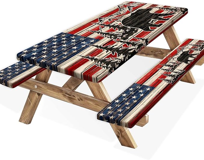 American Flag Camping Picnic Table Cover with Bench Covers, Wooden Camper RV Patriotic USA Flag Rustic Cabin Bear Tablecloth for Family Garden Party Decorations with Drawstring Bag, 30X96in