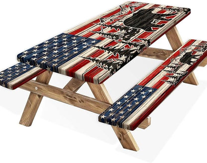 American Flag Camping Picnic Table Cover with Bench Covers, Wooden Camper RV Patriotic USA Flag Rustic Cabin Bear Tablecloth for Family Garden Party Decorations with Drawstring Bag, 30X96in