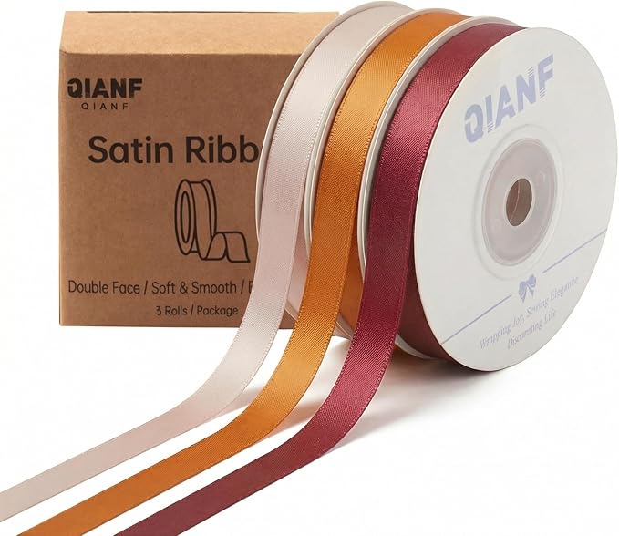 QIANF 3/8 Inch Fall Double Face Satin Ribbon 45 Yards Terracotta Copper Brown Fabric Ribbon for Gift Wrapping, Flower Bouquets, Bows Making Making, Wedding Decor (3 Rolls *15Yd)