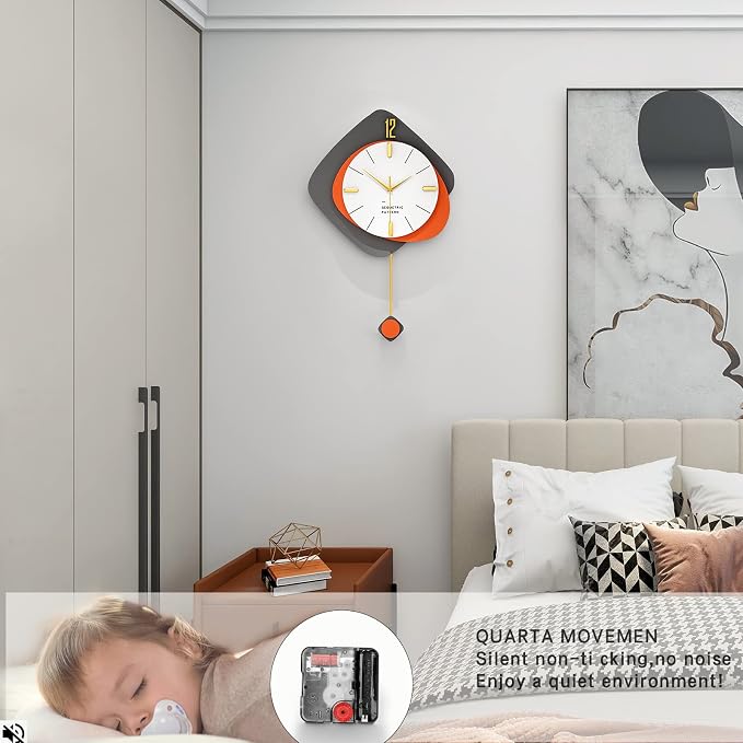 FLEBLE Modern Large Wall Clocks for Living Room Decor Wood Silent Decoration Wall Clock Pendulum Battery Operated Non-Ticking for Kitchen Bedroom Office Home 16 inch Clock Wall Decor for Indoor House
