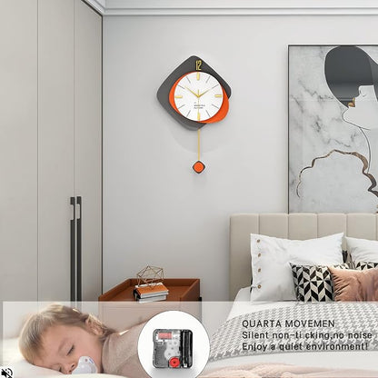 FLEBLE Modern Large Wall Clocks for Living Room Decor Wood Silent Decoration Wall Clock Pendulum Battery Operated Non-Ticking for Kitchen Bedroom Office Home 16 inch Clock Wall Decor for Indoor House