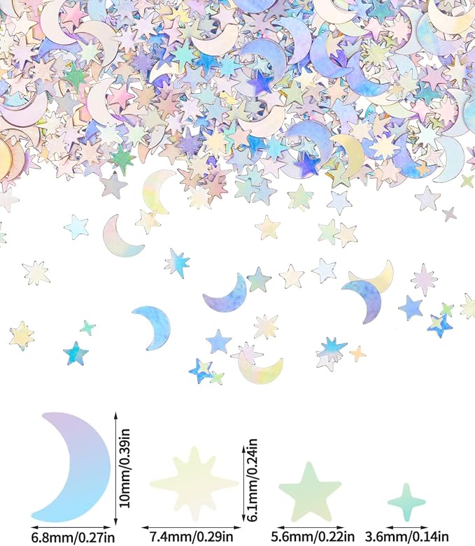 4000 Pcs Star Confetti, Glitter Confetti, Holographic Metallic Star Glitter, Holographic Moon for Party Decorations, Wedding, Birthday, Festival, DIY, Unicorn Theme, Silver, 10mm