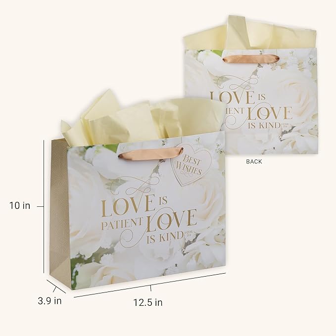 Christian Art Gifts Large Landscape Inspirational Scripture Gift Bag, Tag & Tissue Wrapping Paper Set for Wedding Presents: Love is Kind Encouraging Bible Verse,Satin Ribbon Handles, White Rose Floral
