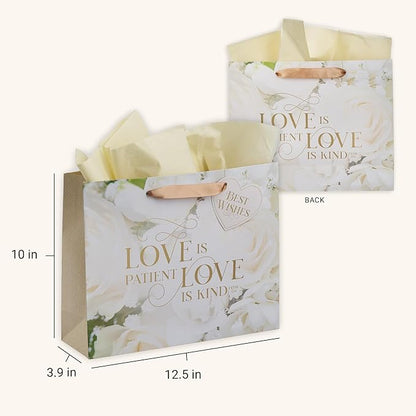 Christian Art Gifts Large Landscape Inspirational Scripture Gift Bag, Tag & Tissue Wrapping Paper Set for Wedding Presents: Love is Kind Encouraging Bible Verse,Satin Ribbon Handles, White Rose Floral