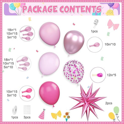 Pink Balloon Arch Kit with Star Foil Balloons, Metallic Pastel Pink Confetti Balloos for Happy Mothers Day Girls Women Birthday Wedding Baby Shower Princess Theme Party Decorations