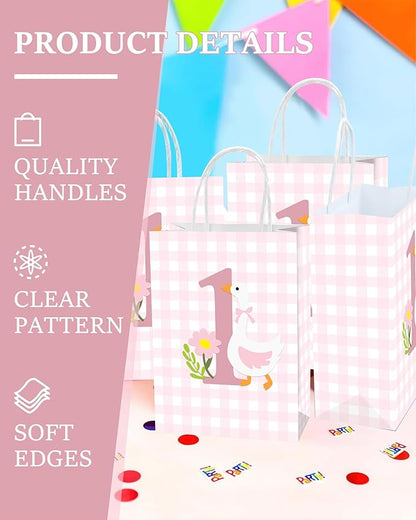 Roselush 16 Pcs Goose 1st Birthday Goodie Bag,Pink Gingham Goose 1st Bday Gift Snacks Treat Candy Party Favors Bags for Girls First Birthday Party Decorations Supplies