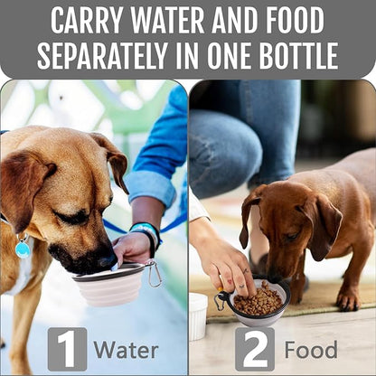 Dog Travel Water Bottle W/Collapsible Bowls - Portable 2 in 1 Leakproof Pet Water Bottle Food Container Ideal for Travel, Outdoor Portable Water Bowls for Walking, Camping & Hiking - (White)