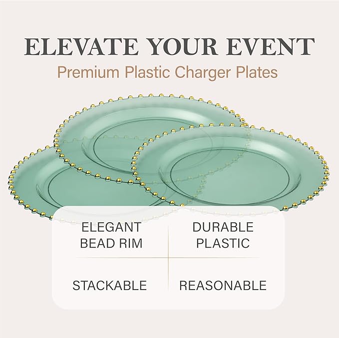 PLASTICPRO Translucent Green with Gold Rim Plastic Charger Plates with Beaded Edge – Pack of 4 – 13" Elegant Round Disposable Chargers for Weddings, Events, Parties, and Dinners