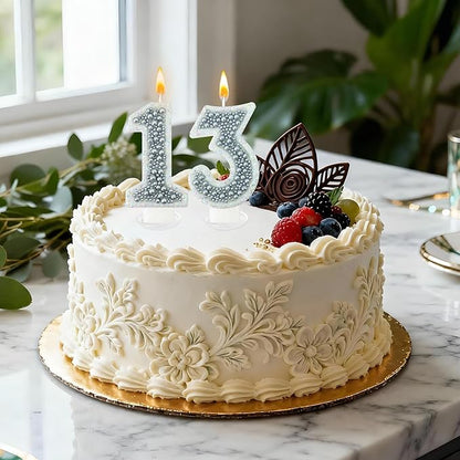 13 Birthday Number Candle for Cake, Glitter Number Candle with Silver Beads, Decorative Cake Topper for Milestone Celebrations
