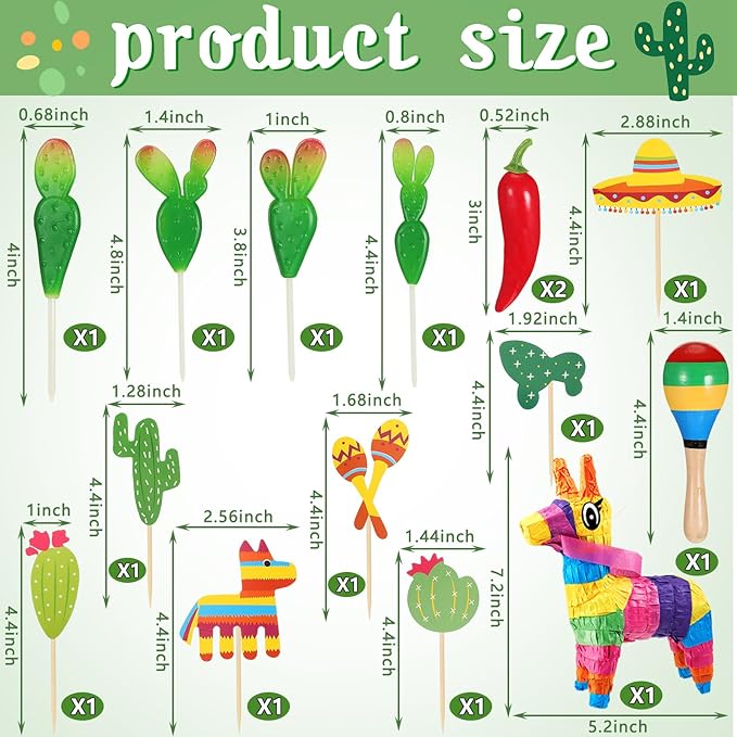 Tinlade 15 Pcs Fiesta Cupcake Topper Mexican Theme Cake Decoration Cactus Piñata Cinco De Mayo Taco Party Decorations with Wooden Sand Hammer and Foam Chili Decorations for Rainbow Party(Cute Style)