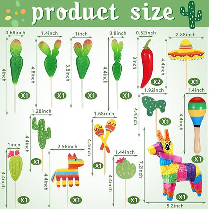 Tinlade 15 Pcs Fiesta Cupcake Topper Mexican Theme Cake Decoration Cactus Piñata Cinco De Mayo Taco Party Decorations with Wooden Sand Hammer and Foam Chili Decorations for Rainbow Party(Cute Style)