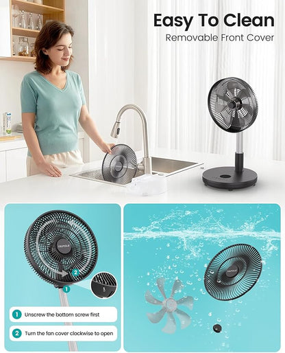 TriPole Foldable Standing Fan 12" Portable Rechargeable Battery Pedestal Fan with Remote, Timer Setting, Height Adjustable, for Home Office, 6 Speed, 12000mAh (Black)