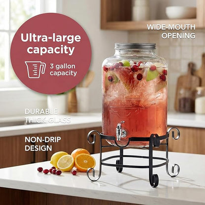 Style Setter Beverage Dispenser Cold Drink Dispenser w/ 3-Gallon Capacity Glass Jug, Metal Stand & Leak-Proof Acrylic Spigot Great for Parties, Weddings & More